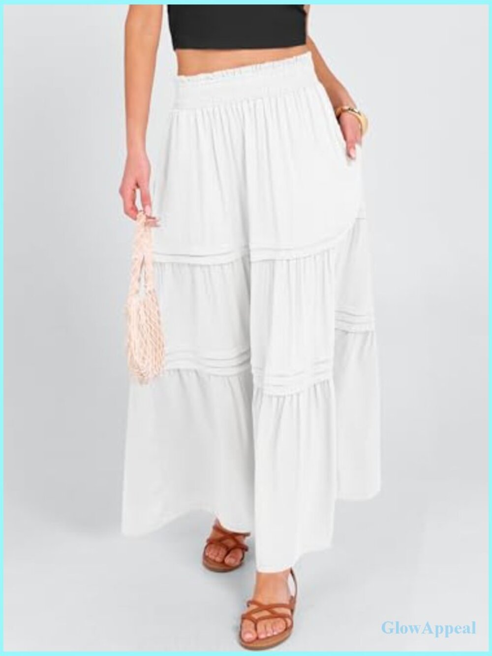 High Waisted Elastic Flowy Tiered Boho Maxi Skirt with Pockets - Picture 6 of 7